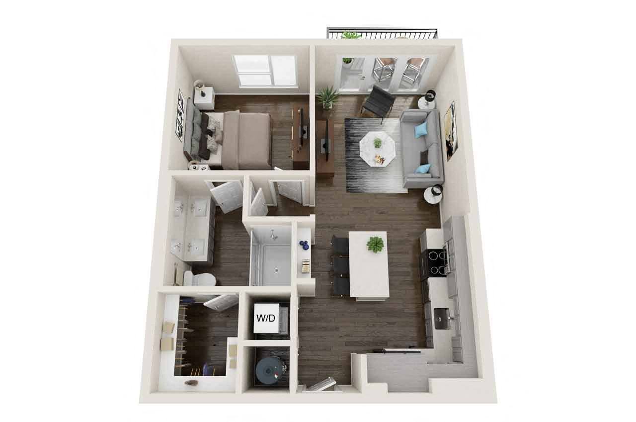 Floor plan for 1 bed, 1 bath, 750 sqft